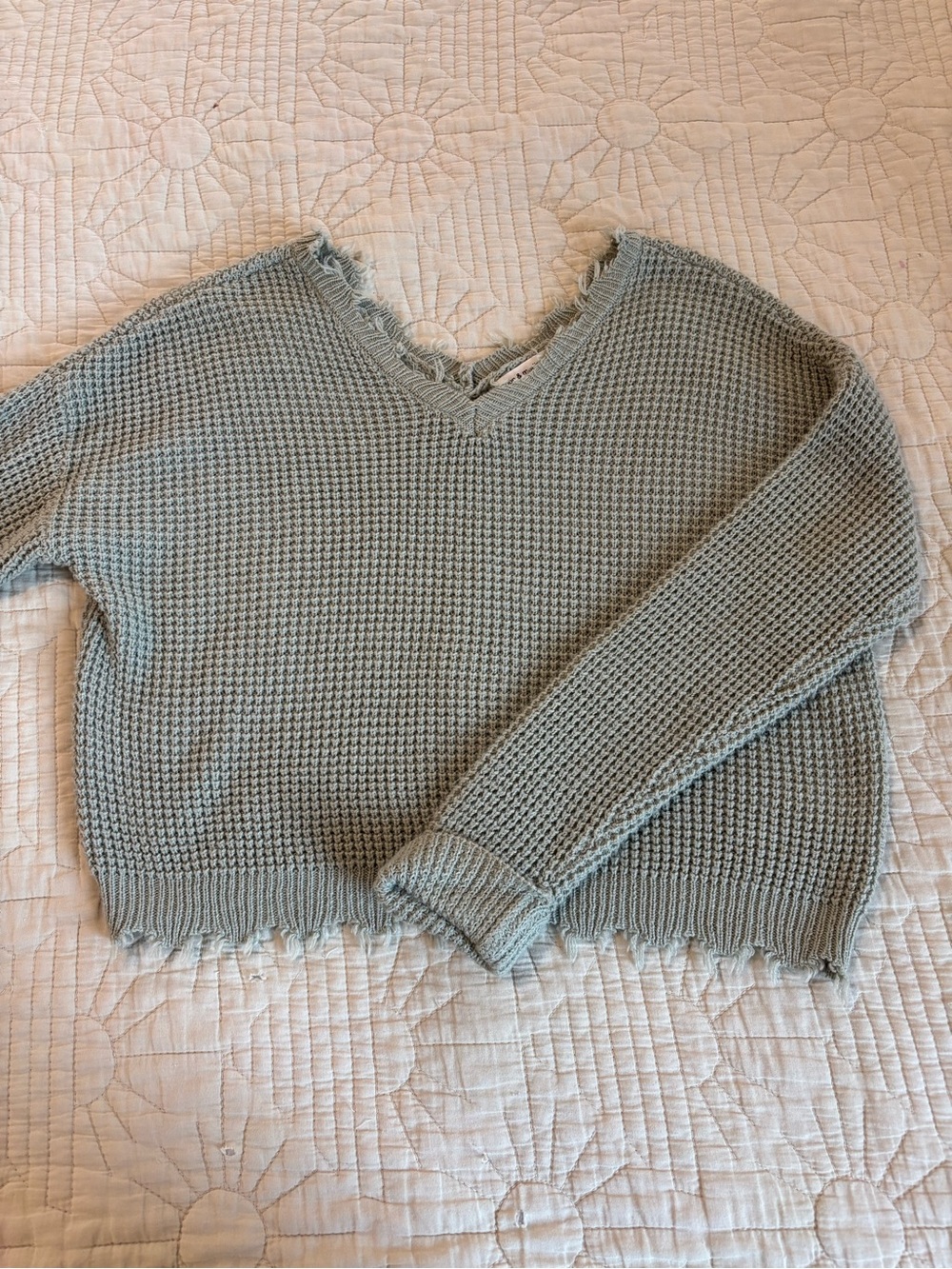 Distressed V-Neck Waffle Knit Sweater - Light Sage Green